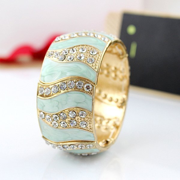Indian Elastic Rhinestone Adjustable Enamel Green Bangle M00429