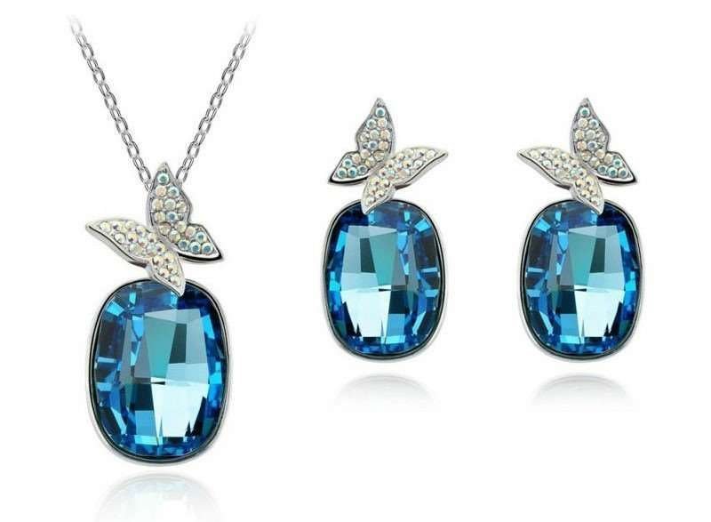 Platinum Plated Austrian Element Crystal Butterfly OceanBlue Pretty Jewlery Set M00614
