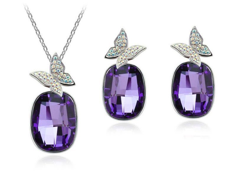 Platinum Plated Austrian Element Crystal Butterfly Purple Pretty Jewlery Set M00616