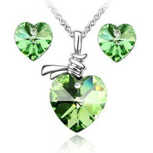 Platinum Plated Swarovski Elements Green Rhinestone Necklace and Earrings M00291