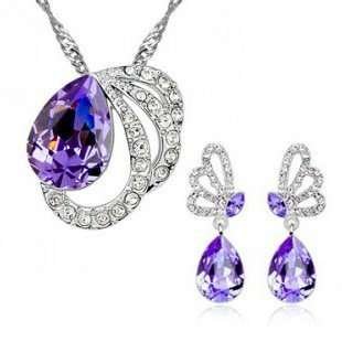 Platinum Plated Swarovski Elements Purple Jewellery Set of Necklace and Earrings M00241