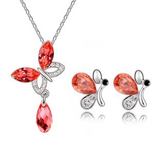Platinum Plated Swarovski Elements Red Jewellery Set of Necklace and Earrings M00260