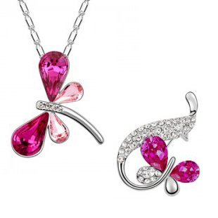 Platinum Plated Swarovski Elements Rose Jewellery Set of Necklace and Brooch M00265