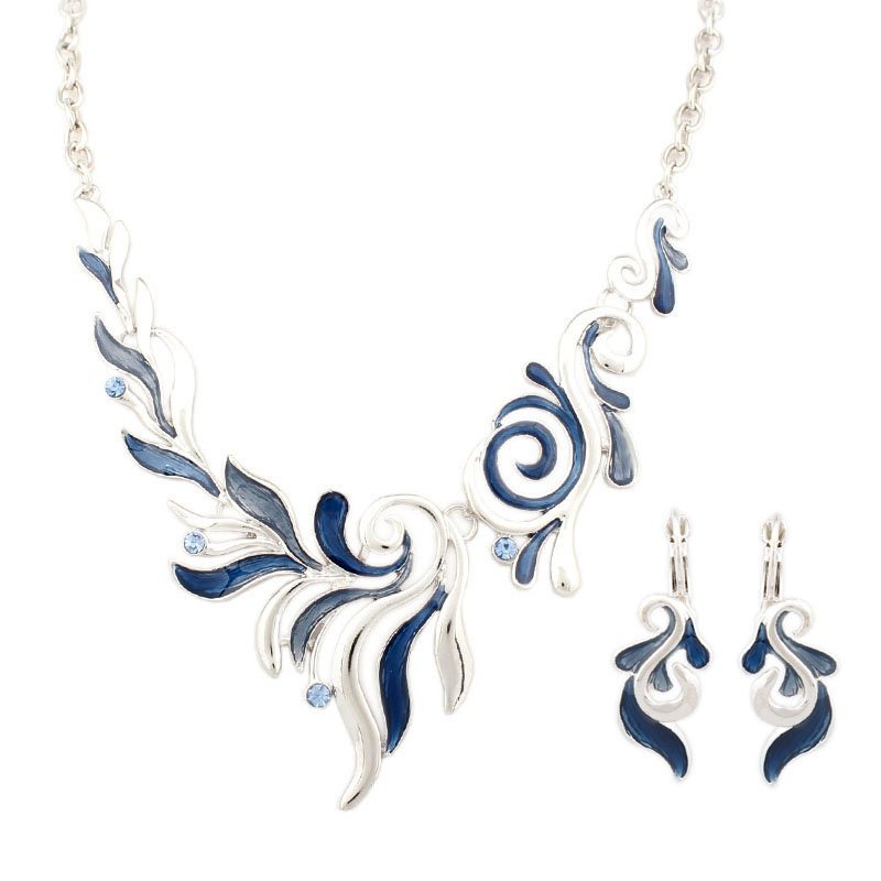 Rhodium Plated Alloy Nickle Free Enamel Blue Jewelry Set M00410
