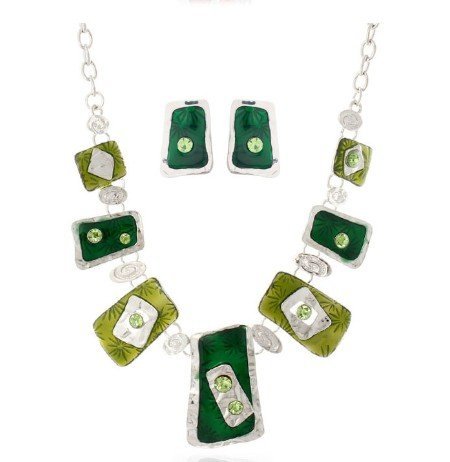Rhodium Plated Alloy Nickle Free Enamel Green Jewelry Set M00387