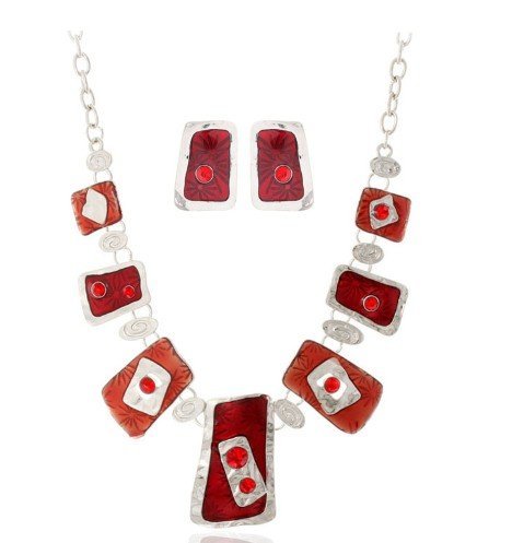 Rhodium Plated Alloy Nickle Free Enamel Red Jewelry Set M00386