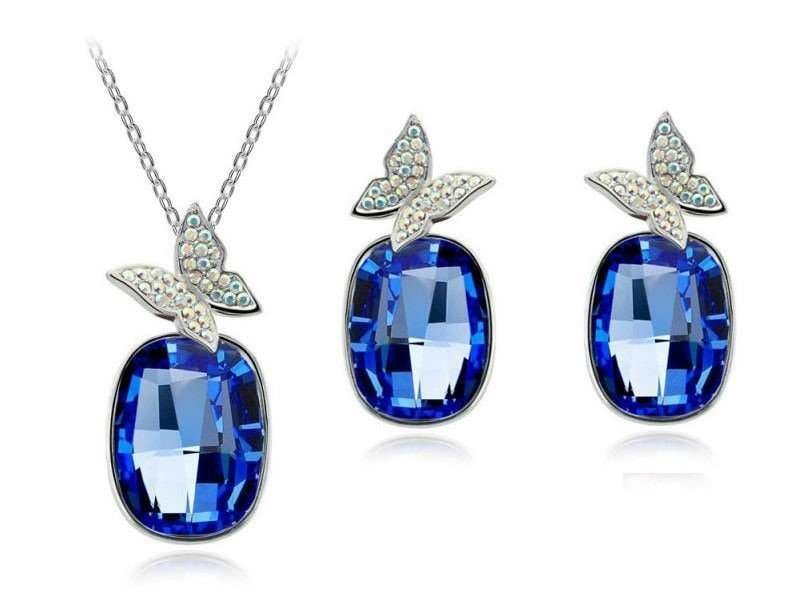 Rhodium Plated Austrian Element Crystal Butterfly Blue Pretty Jewlery Set M00613