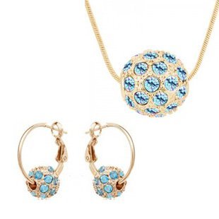 Rhodium Plated Round Ball Gold Sea Blue Jewelry Set M00497