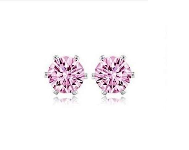 Rhodium Plated Round Cubic Zircon Stud Pink Earrings M01278