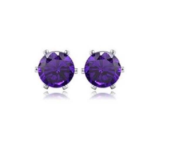 Rhodium Plated Round Cubic Zircon Stud Purple Earrings M01277