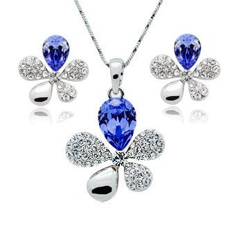 Rhodium Plated Swarovski Elements Blue Jewelry Set M00546