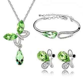 Rhodium Plated Swarovski Elements Green Jewelry Set M00541