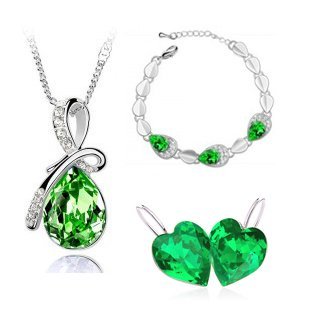 Rhodium Plated Swarovski Elements Green Jewelry Set M00558