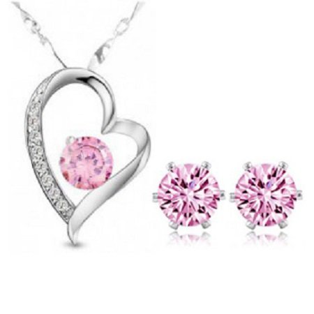 Rhodium Plated Swarovski Elements Heart Pink Jewelry Set M00532