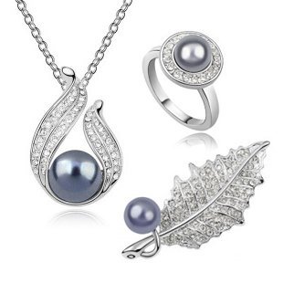Rhodium Plated Swarovski Elements Pearl Grey Jewelry Set M00544