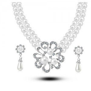 Rhodium Plated Swarovski Elements Pearl Silver Jewelry Set M00535