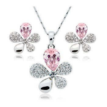 Rhodium Plated Swarovski Elements Pink Jewelry Set M00550