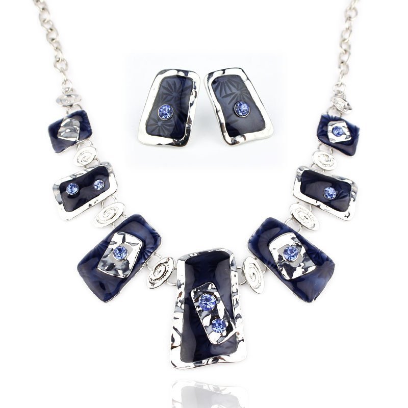 Rhoduim Plated Alloy Nickle Free Enamel Blue Jewelry Set M00384