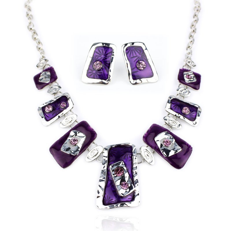 Rhoduim Plated Alloy Nickle Free Enamel Purple Jewelry Set M00385