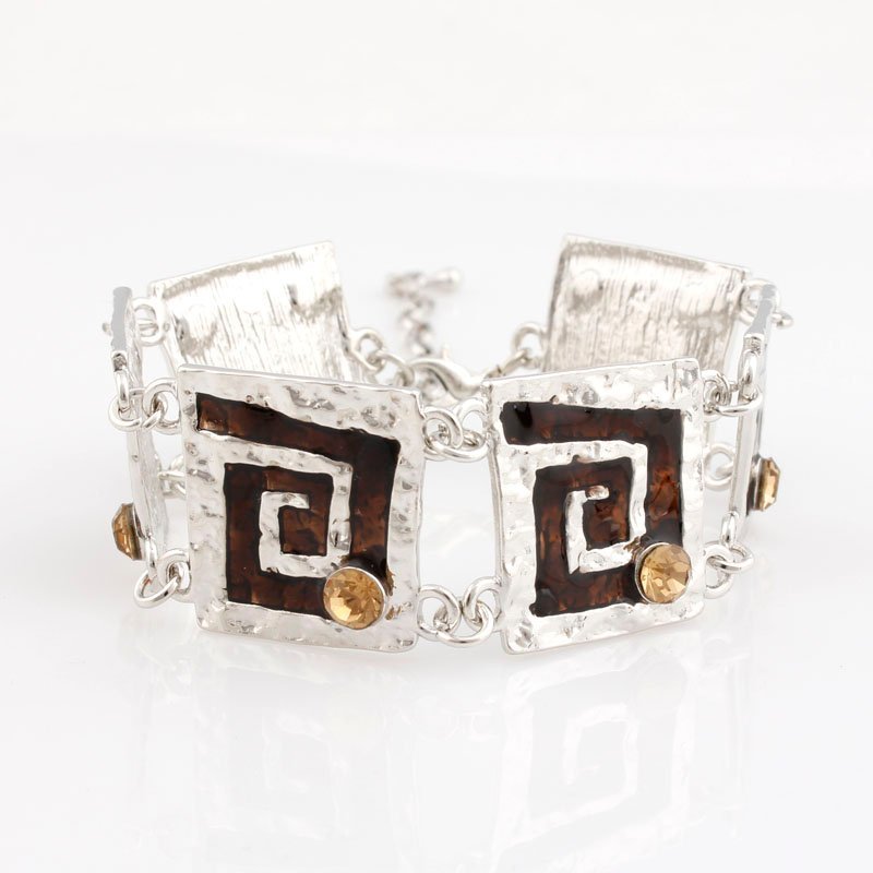 Silver Plated Nickle Free Alloy Enamel Square Brown Bracelet M00361