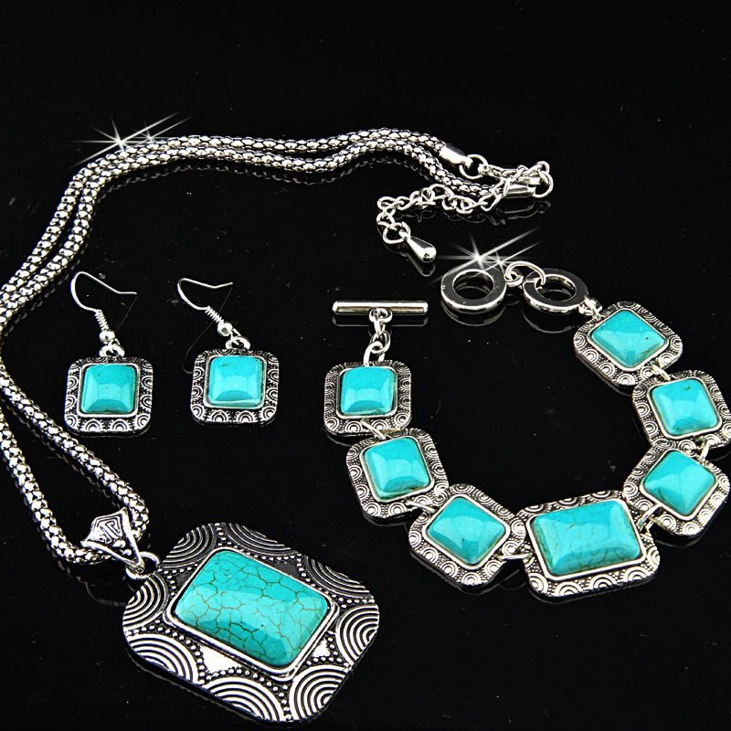 Silver Square Rectangular Turquoise Nickel Free Jewellery Set M00346