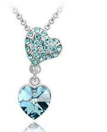 Swarovski Crystal Necklace Heart and Heart Ocean Blue Color M00172