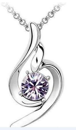 White Gold Plated Violet Angel Wing Swarovski Elements Crystal Heart Pendant M00139