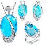 Pure 925 Sterling Silver Big CZ Diamond Wedding Bridal Blue Jewelry Set M01130