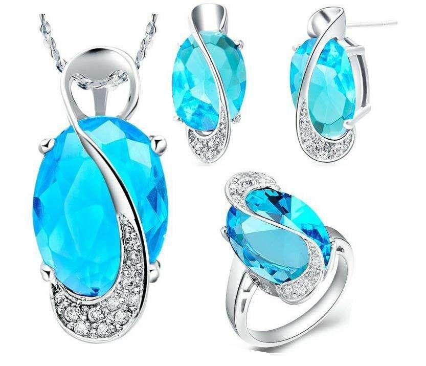 Pure 925 Sterling Silver Big CZ Diamond Wedding Bridal Blue Jewelry Set M01130