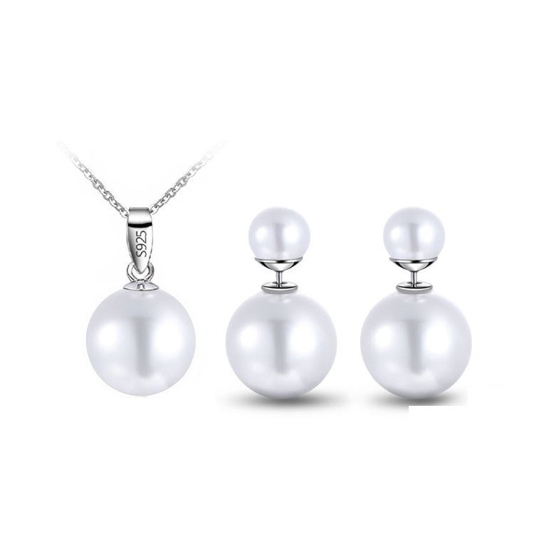 Pure 925 Sterling Silver Fresh Double Pearls Wedding Never Fade Jewelry Set M01396