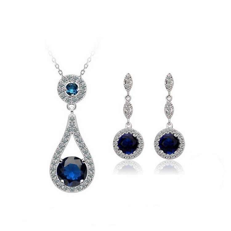 Pure 925 Sterling Silver Zircon Drop Earrings Never Fade Blue Jewelry Set M01408