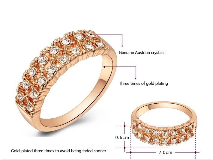 18K Gold Plated 3 Times Rhinestone and Australian Crystal Wedding Ring M00850