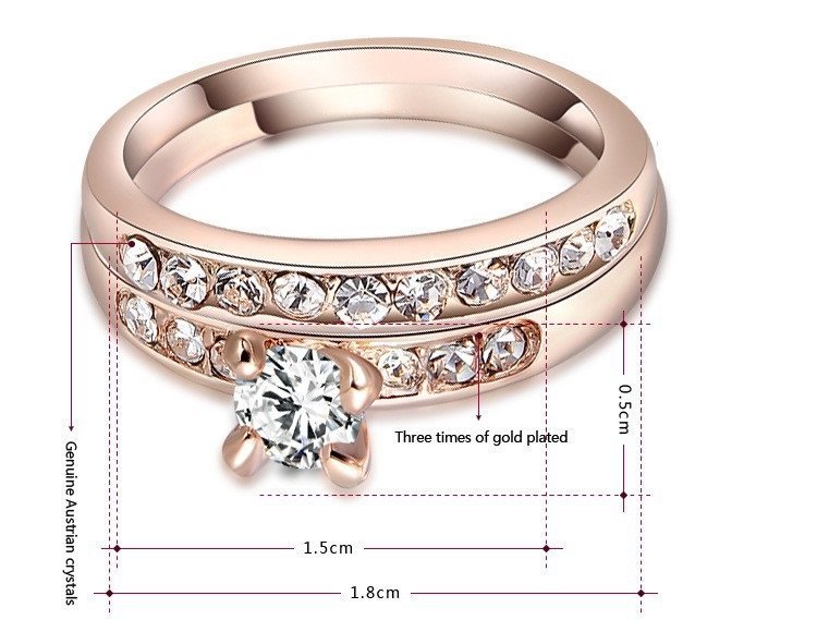 18K Gold Plated 3 Times Rhinestone and Australian Crystal Wedding Ring M00851