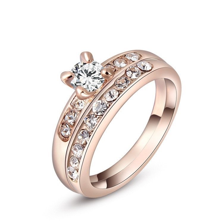 18K Gold Plated 3 Times Rhinestone and Australian Crystal Wedding Ring M00851