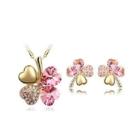 18K Gold Plated 4 Leaf Pink Jewelry Set M02218