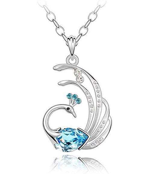 18K Gold Plated Alloy Austrian Crystal Peacock Necklace Ocean Blue M00096