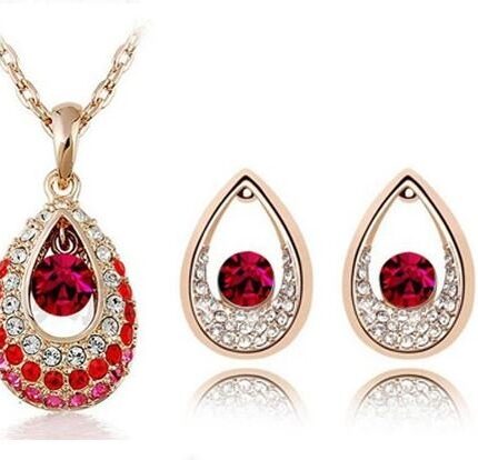 18K Gold Plated Austrian Crystal Teardrop Red Jewelry Set M01052