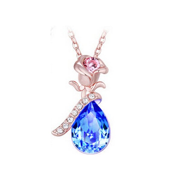 18K Gold Plated Austrian Crystal Water Drop Blue Necklace M01342