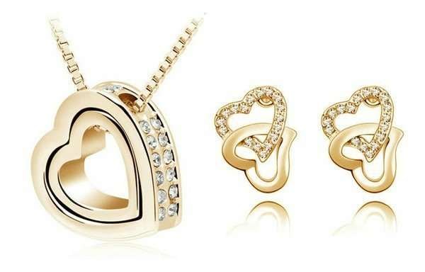 18K Gold Plated Couples Gold Heart Rhinestones Jewelry Set M01169