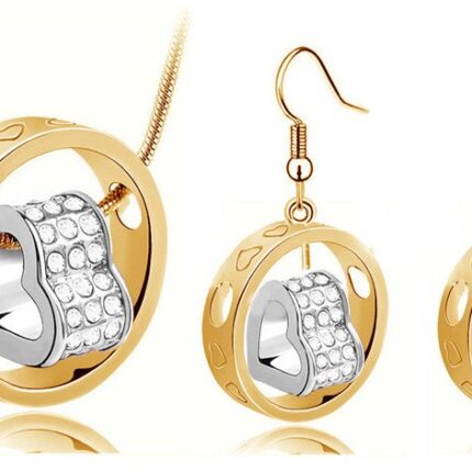 18K Gold Plated Couples Silver Heart Rhinestones Jewelry Set M01158