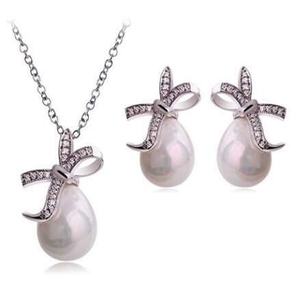 18K Gold Plated Crystal Bowknot Fruitful Pearl Water Drop Jewelry Set White M00055