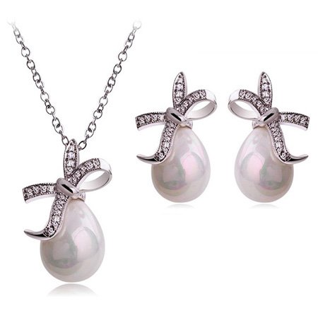 18K Gold Plated Crystal Bowknot Fruitful Pearl Water Drop Jewelry Set White M00055