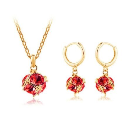 18K Gold Plated Cubic Ball Charm Drop Earrings Austrian Crystal Jewelry Set Red M00074