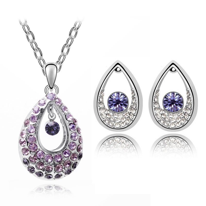 18K Gold Plated Czech Rhinestone Silver Violet Angel Tearl Necklace and Earrings M00436 1 18K Gold Plated Czech Rhinestone Silver Violet Angel Tearl Necklace and Earrings M00436