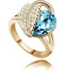 18K Gold Plated Leaf Heart Ocean Blue Swarovski Elements Ring M00880