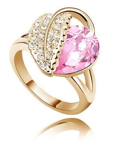 18K Gold Plated Leaf Heart Pink Swarovski Elements Ring M00879 1 18K Gold Plated Leaf Heart Pink Swarovski Elements Ring M00879