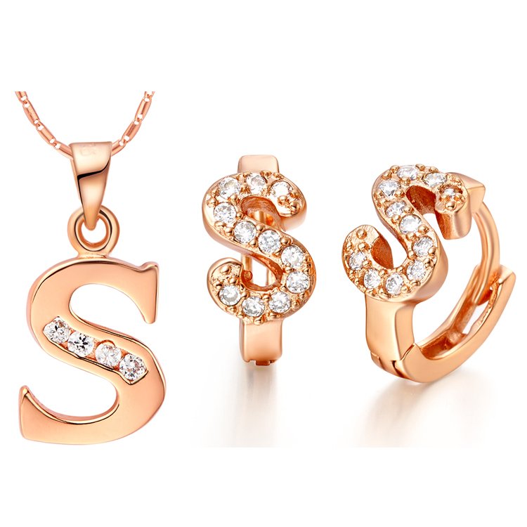 18K Gold Plated Letter S Zirconia Stones Jewelery Set M00843