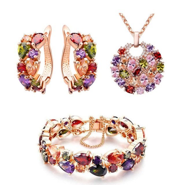 18K Real Gold Plated 3 Times Cubic Zircon Colored Jewelry Set M01790