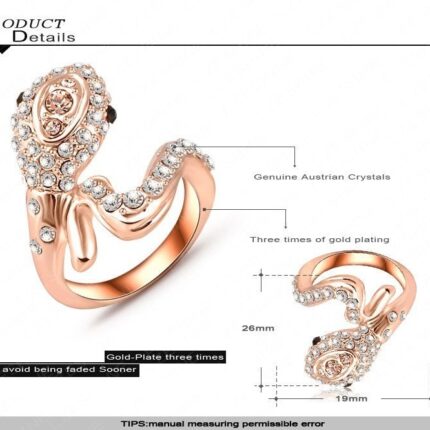 18K Rose Plated 3 Times Genuine Austrian Crystals 3D Cobra Snake Big M01544