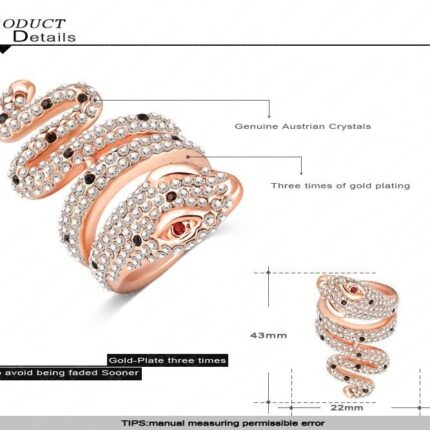 18K Rose Plated 3 Times Genuine Austrian Crystals 3D Cobra Snake Big M01550